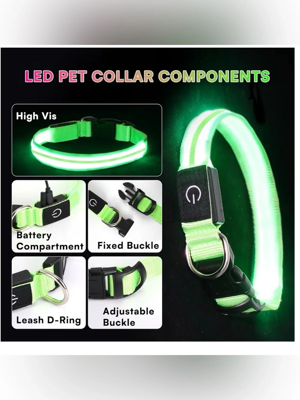 LED Dog Collar Light Up USB Rechargeable Night Safety Glow High Vis Green Size L